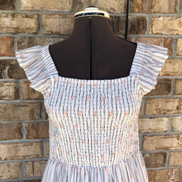 Loft Cotton Blend Clip Stripe Smocked Ruffle Pockets Lined Breeze Midi Dress S - Picture 3 of 16